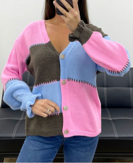 GILET CHIC MAILLE MULTICOLOR ROSE