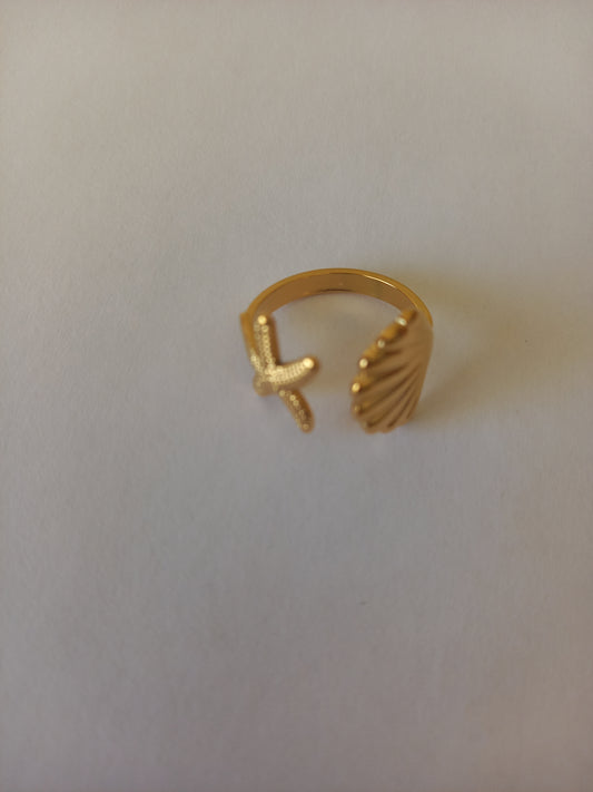 BAGUE  ACIER INOXYDABLE  DORE   COQUILLAGE  ETOILE
