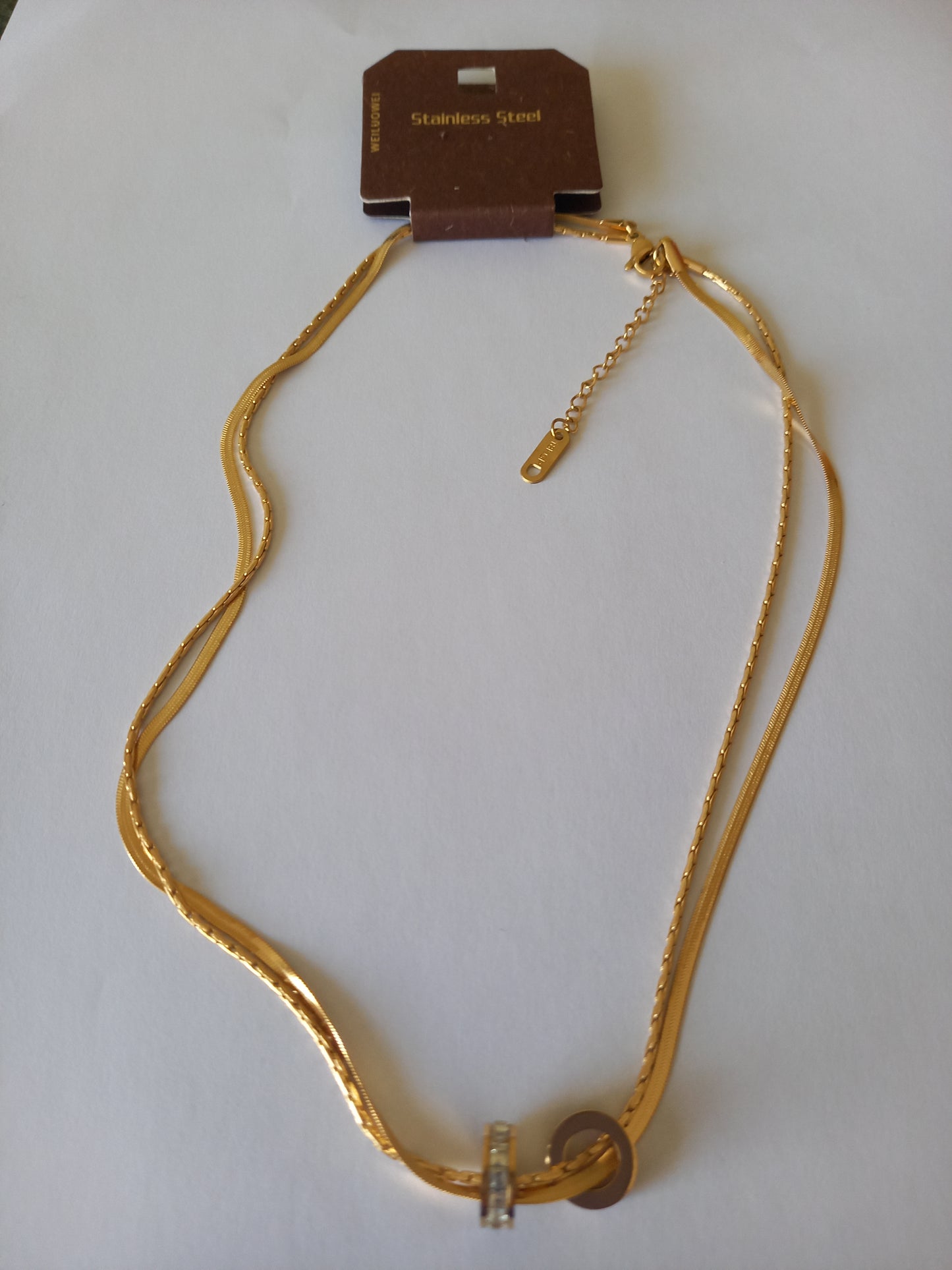 Collier femme double acier inoxydable – double anneau cristal doré