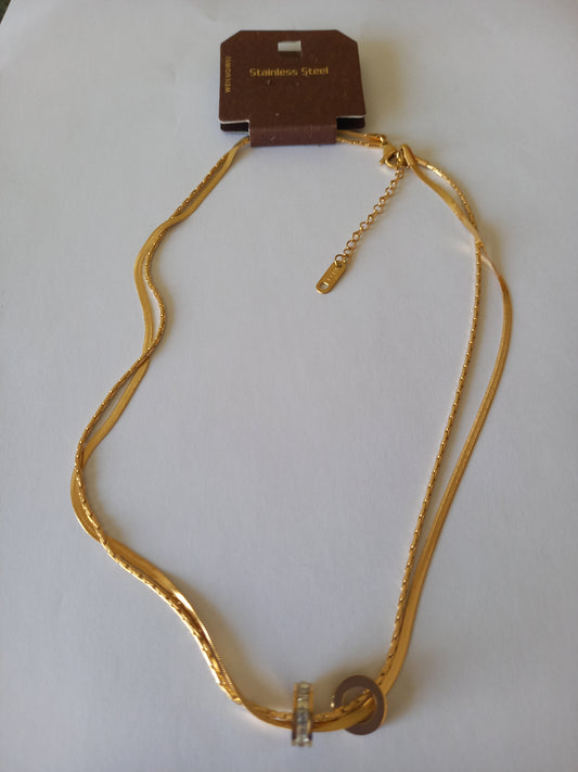 Collier femme double acier inoxydable – double anneau cristal doré