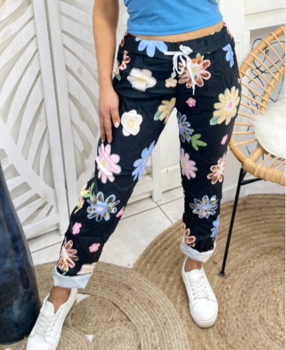 PANTALON  JOGG  EFFET FROISSE  FLOWER NOIR