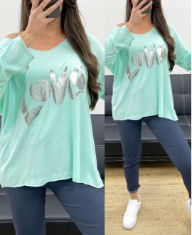 PULL  AMPLE  LEGER  FLOCAGE  LOVE    VERT PASTEL
