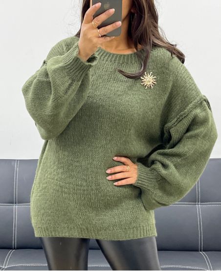 PULLOVER  OVERSIZE   BROCHE  SOLEIL   KAKI