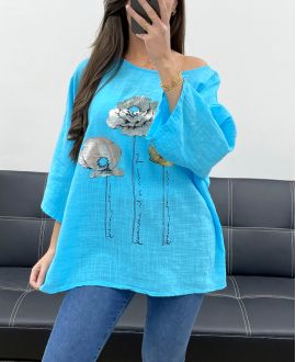 TOP  AMPLE  COTON   FLOWER   AZUR