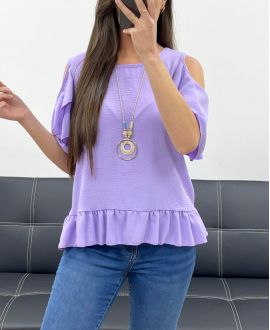 TOP  LILAS   EPAULES OUVERTES  +  COLLIER  OFFERT