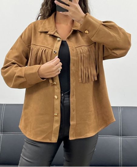 VESTE/ CHEMISE  A FRANGES EN SUEDINE  CAMEL